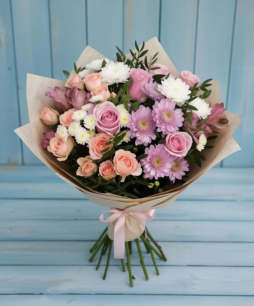 Букет цветов из: Хризантемы, Розы и Альстромерии в Камбилеевском