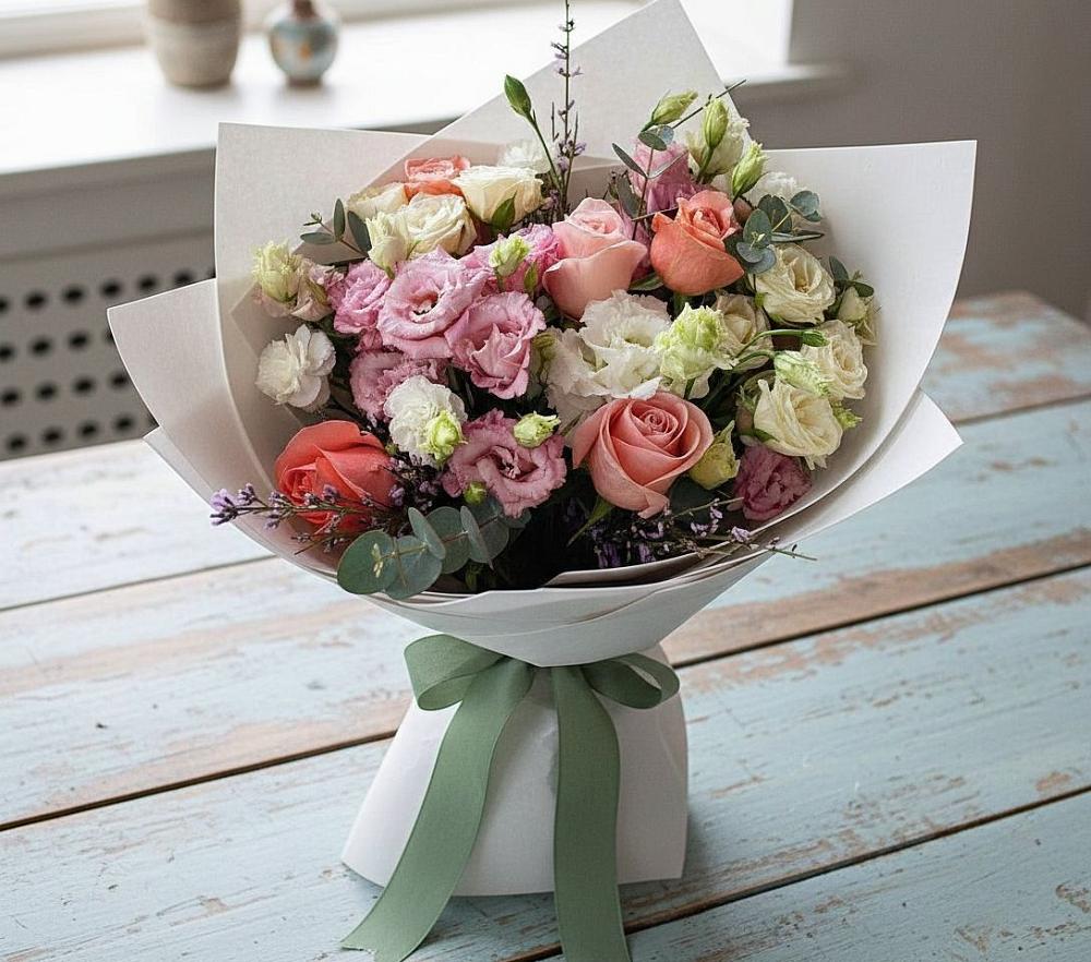 Букет цветов из: Розы, Лизиантусы и Гвоздики в Камбилеевском