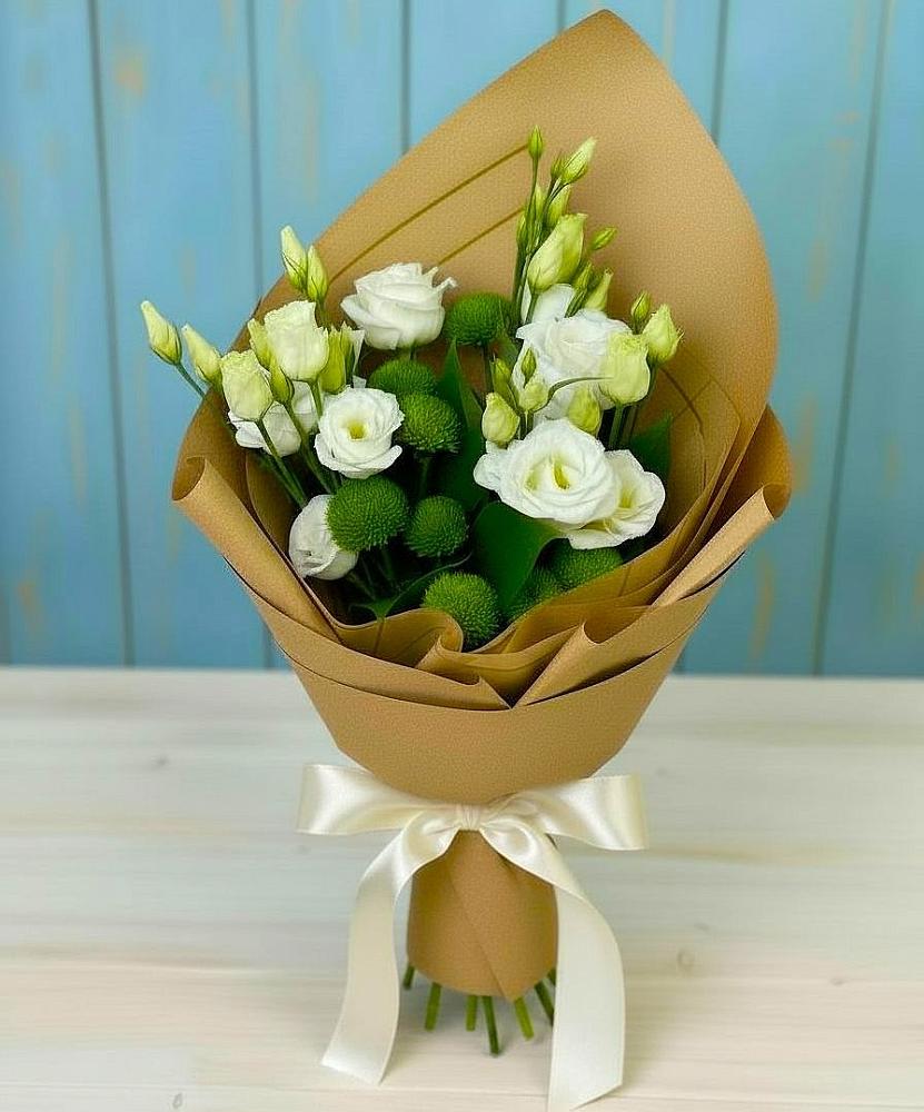 Букет цветов из: Хризантемы и Лизиантусы в Камбилеевском