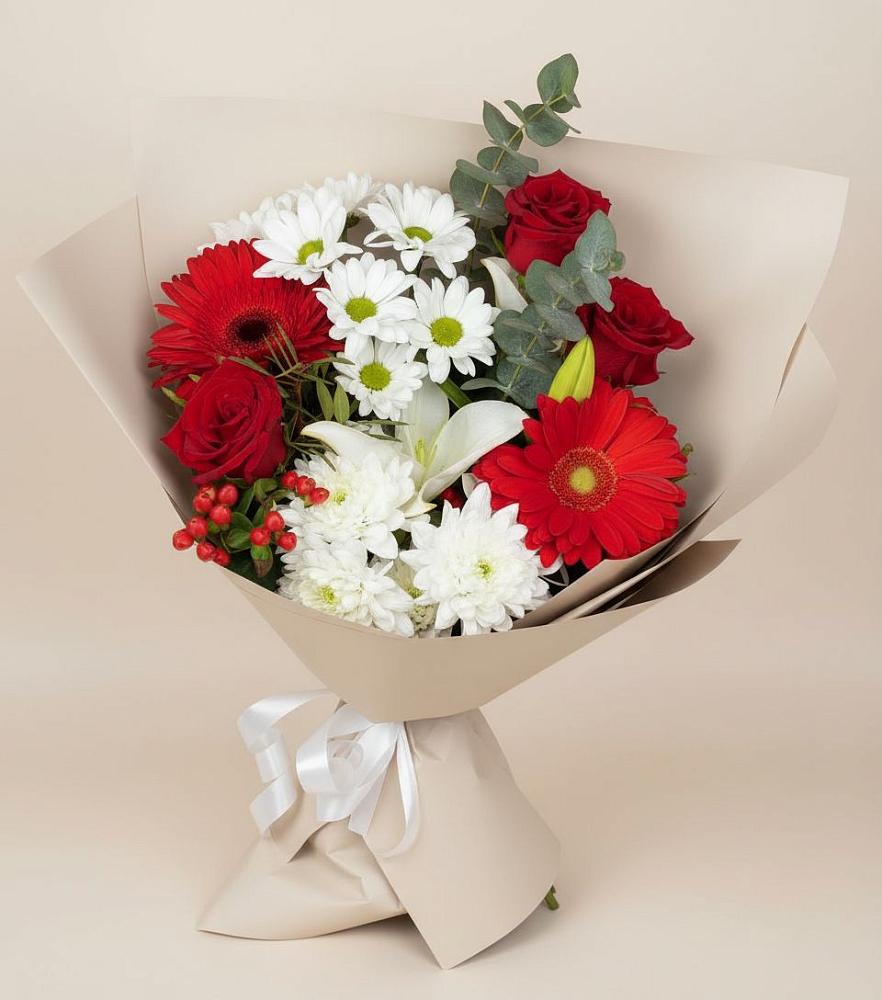 Букет цветов из: Розы, Хризантемы, Герберы и Лилии в Камбилеевском