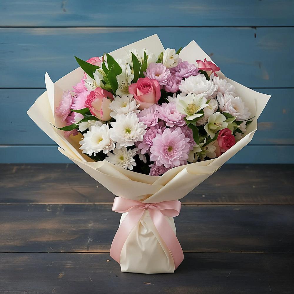 Букет цветов из: Хризантемы, Альстромерии и Розы в Камбилеевском